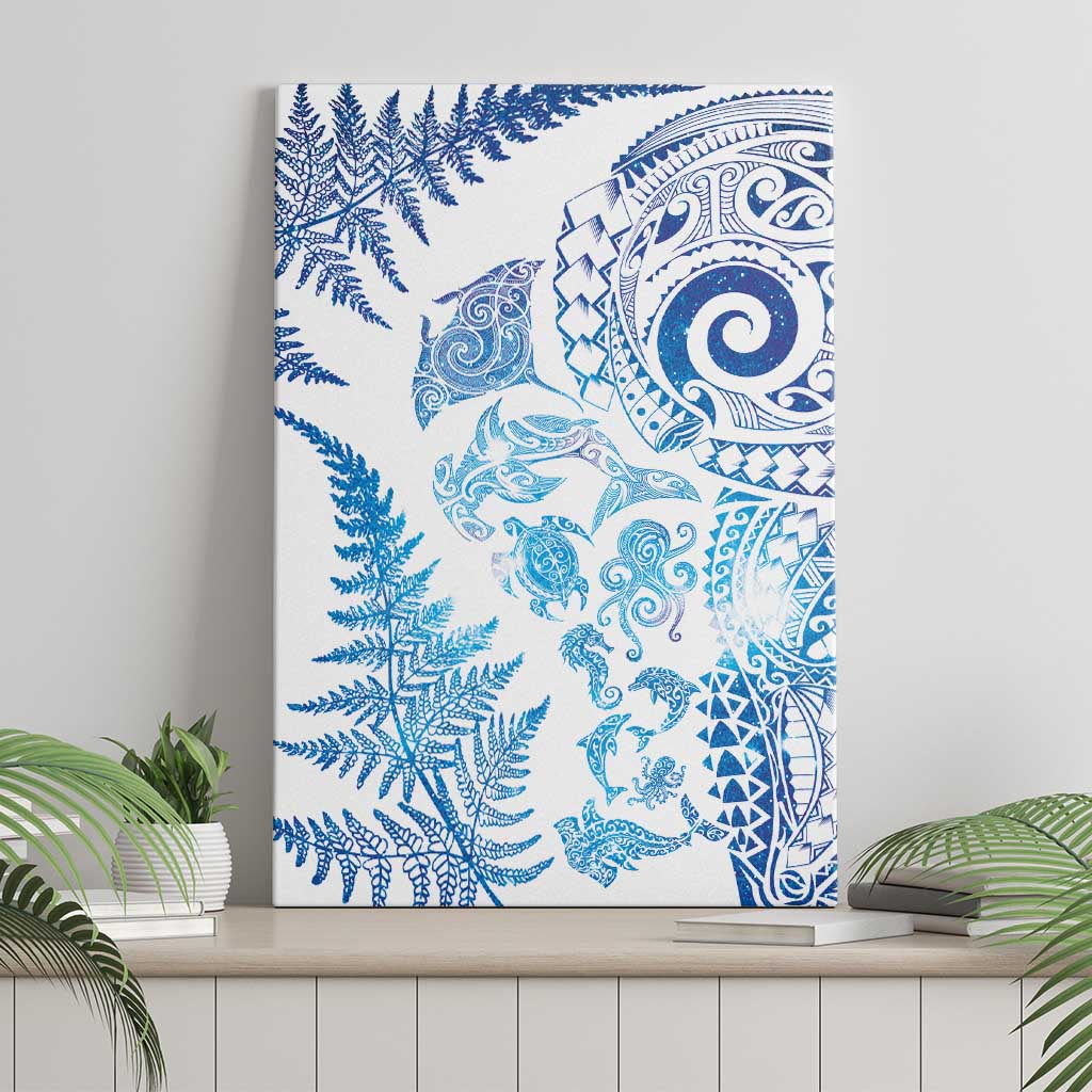 New Zealand Sea Animals Canvas Wall Art with Maori Koru Tribal Tattoo and Silver Ferns Galaxy Style