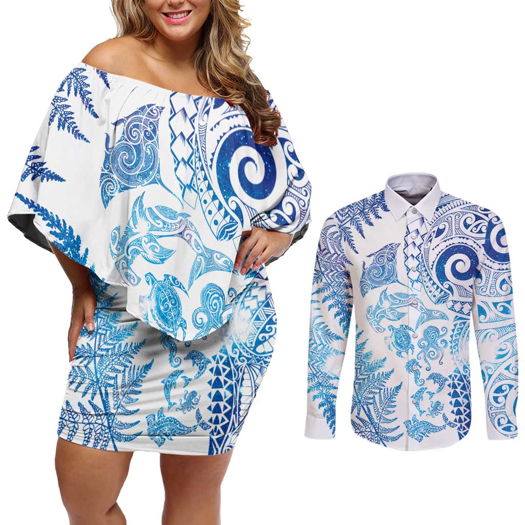 New Zealand Sea Animals Couples Matching Off Shoulder Short Dress and Long Sleeve Button Shirt with Maori Koru Tribal Tattoo and Silver Ferns Galaxy Style LT03 Multicolor - Polynesian Pride