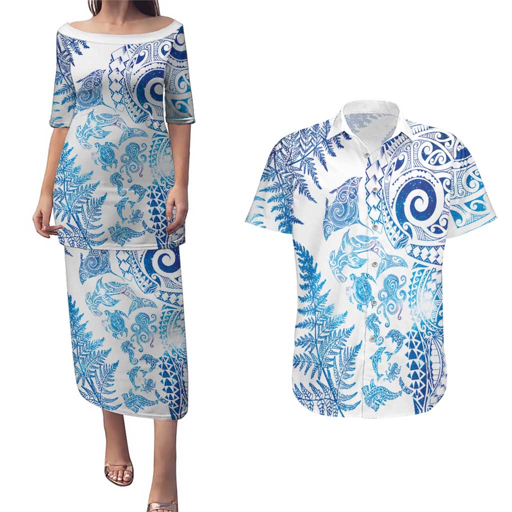 New Zealand Sea Animals Couples Matching Puletasi and Hawaiian Shirt with Maori Koru Tribal Tattoo and Silver Ferns Galaxy Style
