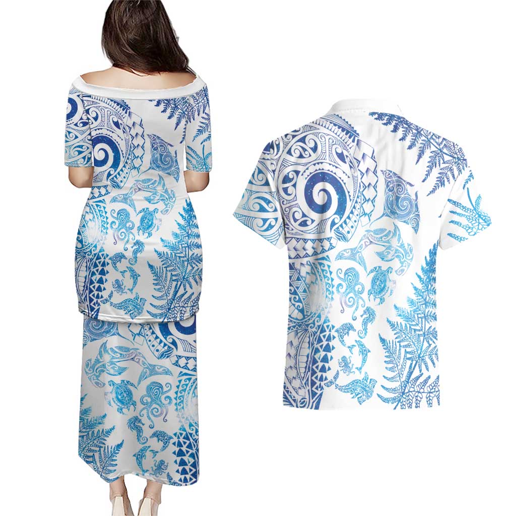 New Zealand Sea Animals Couples Matching Puletasi and Hawaiian Shirt with Maori Koru Tribal Tattoo and Silver Ferns Galaxy Style