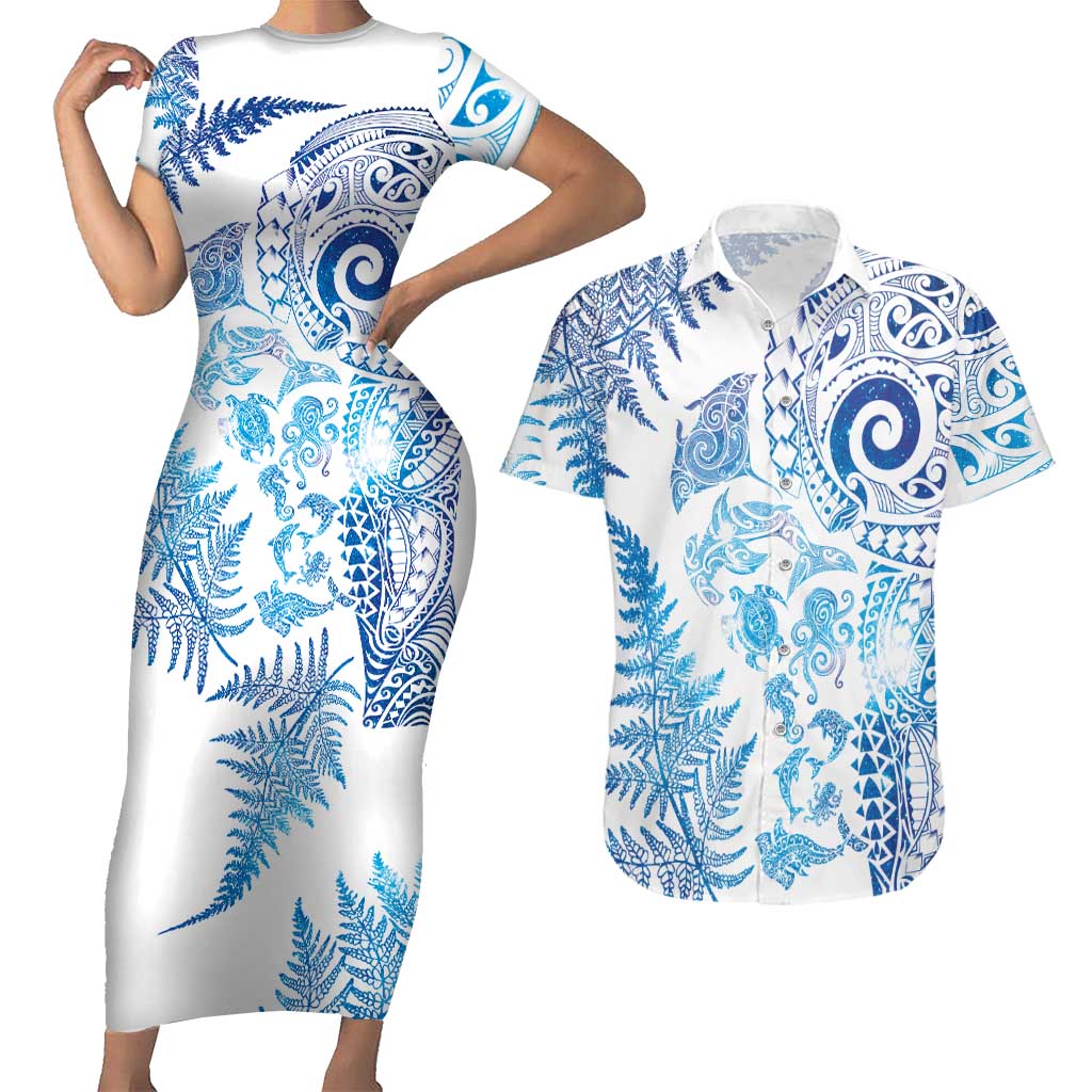 New Zealand Sea Animals Couples Matching Short Sleeve Bodycon Dress and Hawaiian Shirt with Maori Koru Tribal Tattoo and Silver Ferns Galaxy Style LT03 Multicolor - Polynesian Pride