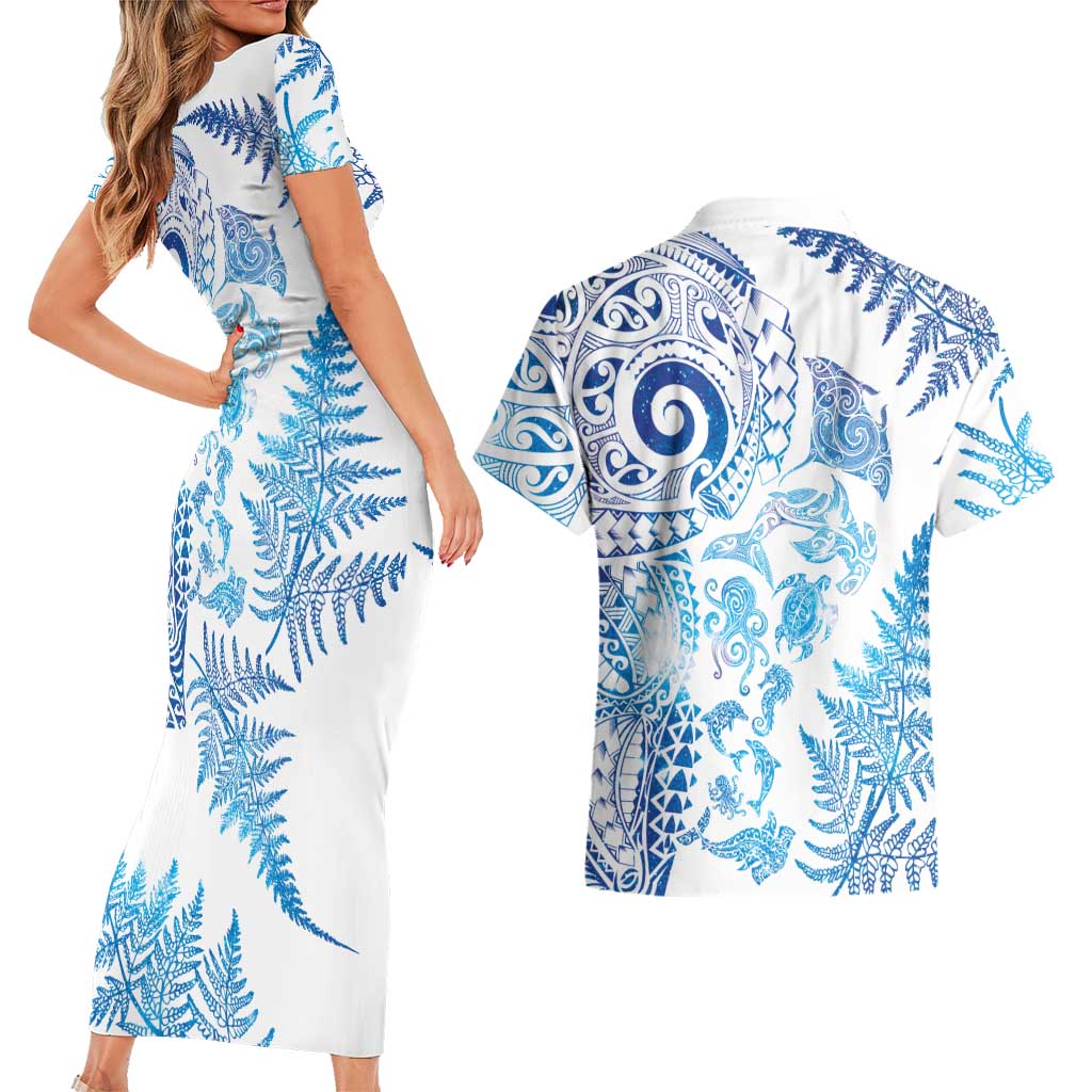 New Zealand Sea Animals Couples Matching Short Sleeve Bodycon Dress and Hawaiian Shirt with Maori Koru Tribal Tattoo and Silver Ferns Galaxy Style