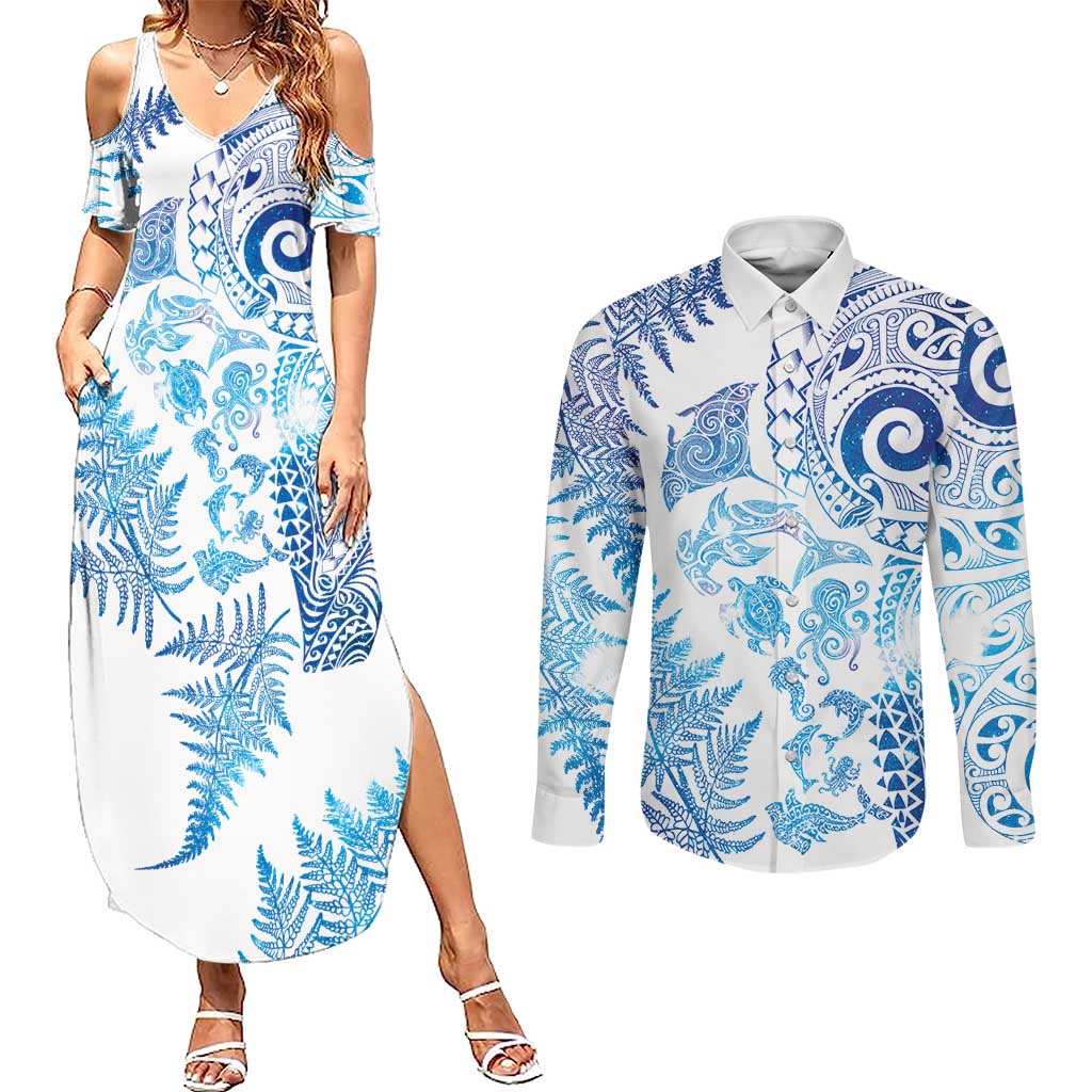 New Zealand Sea Animals Couples Matching Summer Maxi Dress and Long Sleeve Button Shirt with Maori Koru Tribal Tattoo and Silver Ferns Galaxy Style