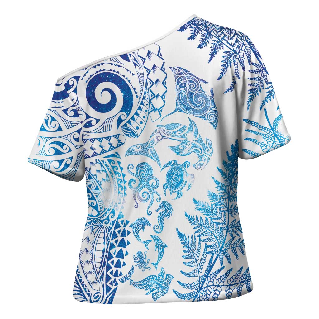 New Zealand Sea Animals Cross Shoulder Shirt with Maori Koru Tribal Tattoo and Silver Ferns Galaxy Style