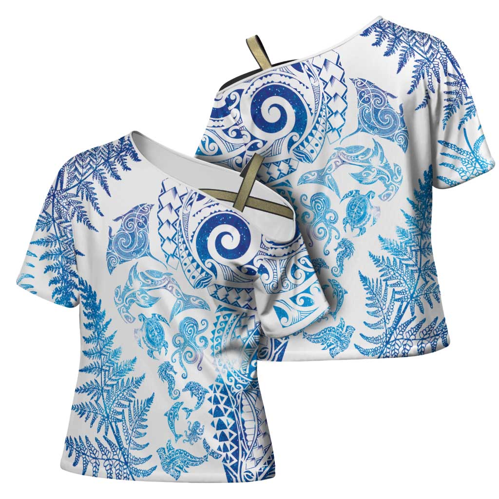 New Zealand Sea Animals Cross Shoulder Shirt with Maori Koru Tribal Tattoo and Silver Ferns Galaxy Style