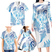 New Zealand Sea Animals Family Matching Long Sleeve Bodycon Dress and Hawaiian Shirt with Maori Koru Tribal Tattoo and Silver Ferns Galaxy Style