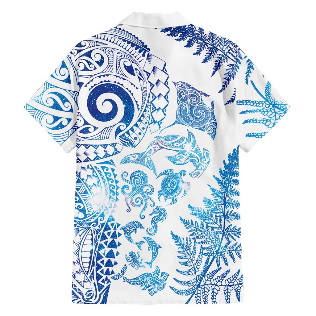 New Zealand Sea Animals Family Matching Long Sleeve Bodycon Dress and Hawaiian Shirt with Maori Koru Tribal Tattoo and Silver Ferns Galaxy Style