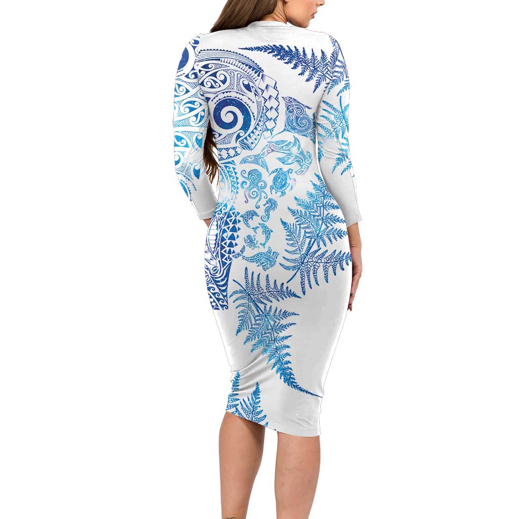 New Zealand Sea Animals Family Matching Long Sleeve Bodycon Dress and Hawaiian Shirt with Maori Koru Tribal Tattoo and Silver Ferns Galaxy Style