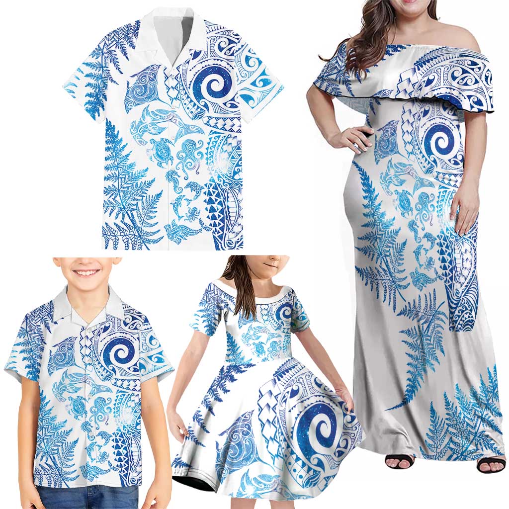 New Zealand Sea Animals Family Matching Off Shoulder Maxi Dress and Hawaiian Shirt with Maori Koru Tribal Tattoo and Silver Ferns Galaxy Style LT03 - Polynesian Pride