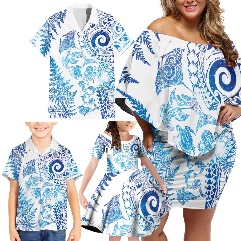 New Zealand Sea Animals Family Matching Off Shoulder Short Dress and Hawaiian Shirt with Maori Koru Tribal Tattoo and Silver Ferns Galaxy Style LT03 - Polynesian Pride
