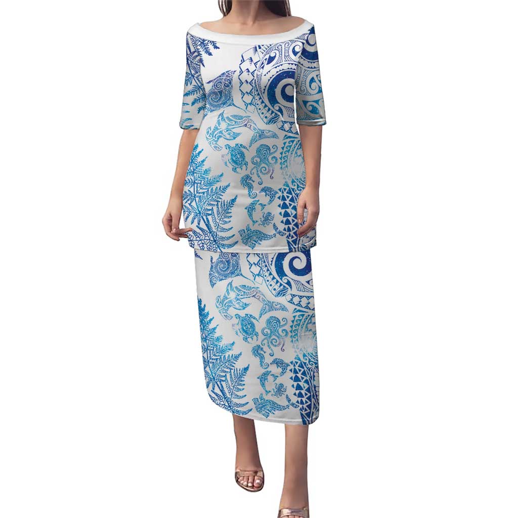 New Zealand Sea Animals Family Matching Puletasi and Hawaiian Shirt with Maori Koru Tribal Tattoo and Silver Ferns Galaxy Style