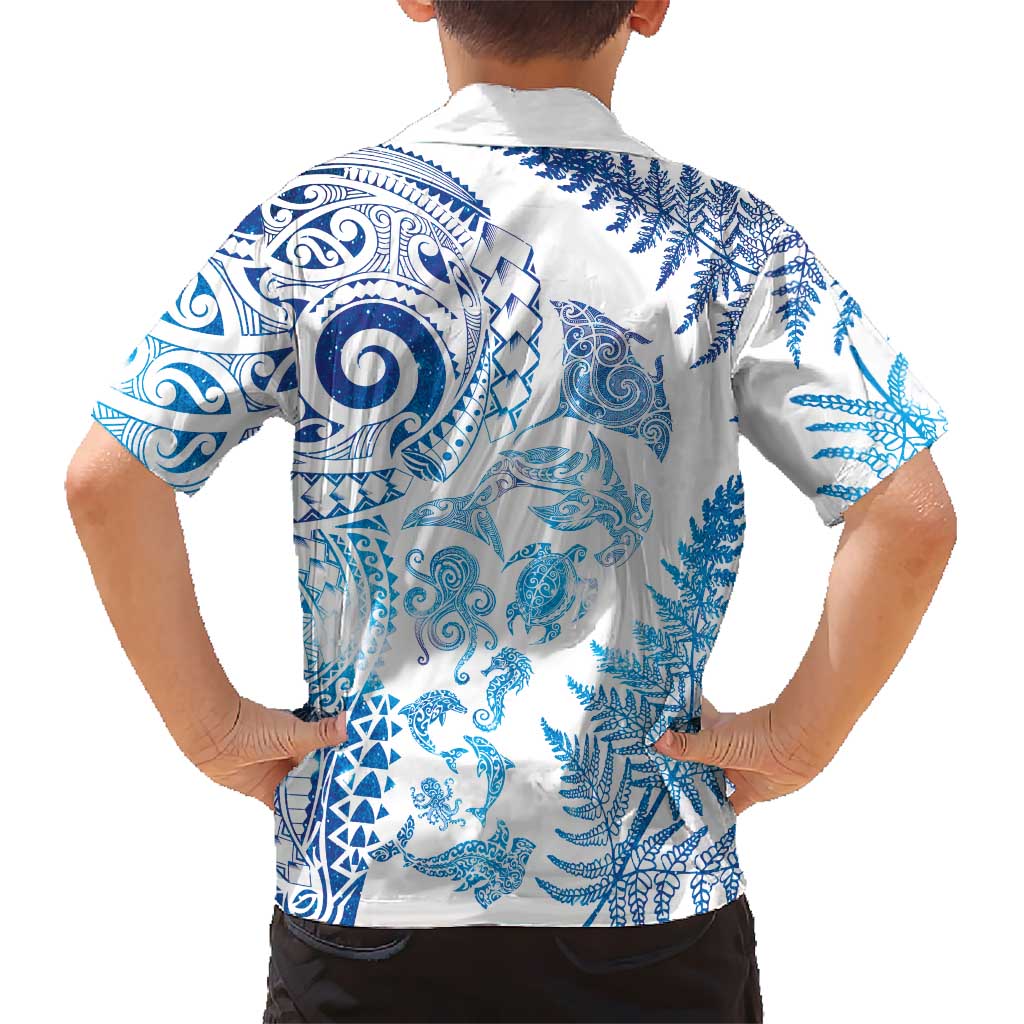New Zealand Sea Animals Family Matching Tank Maxi Dress and Hawaiian Shirt with Maori Koru Tribal Tattoo and Silver Ferns Galaxy Style