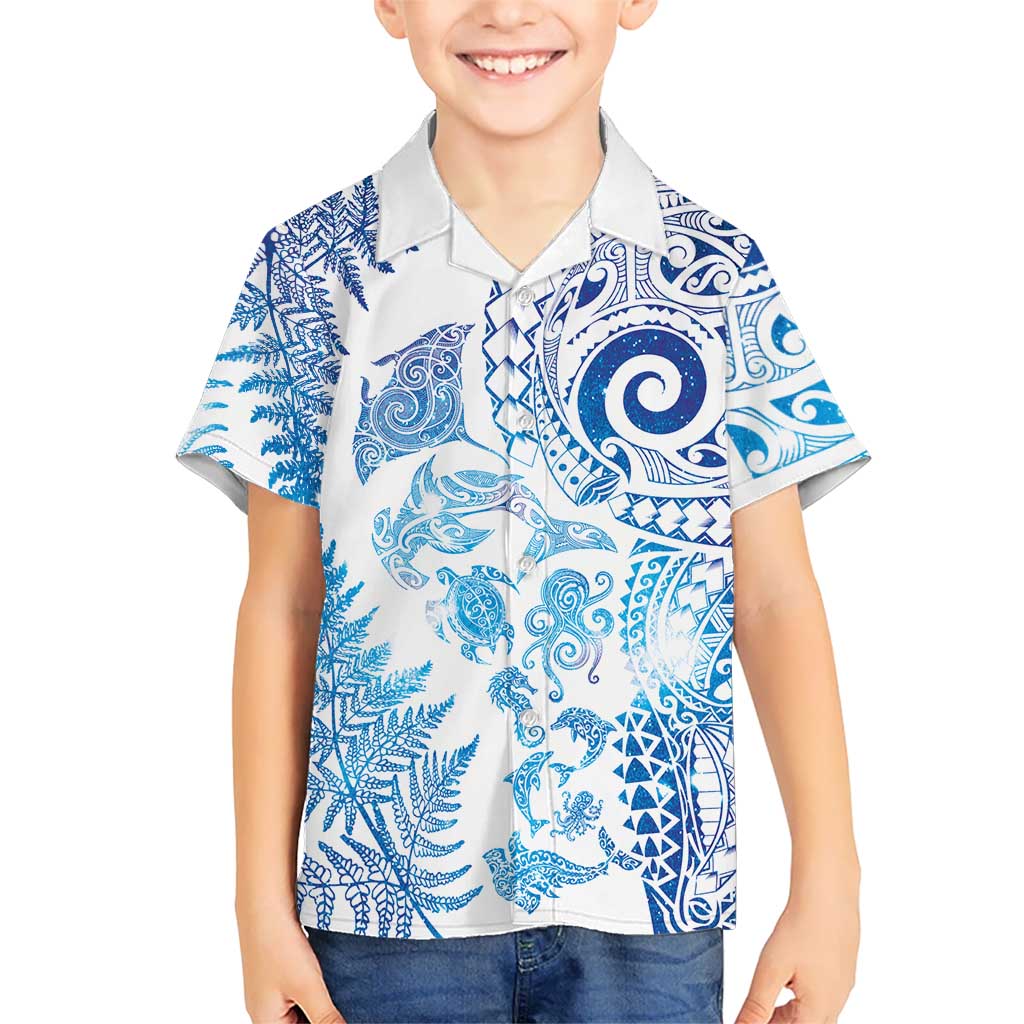 New Zealand Sea Animals Hawaiian Shirt with Maori Koru Tribal Tattoo and Silver Ferns Galaxy Style