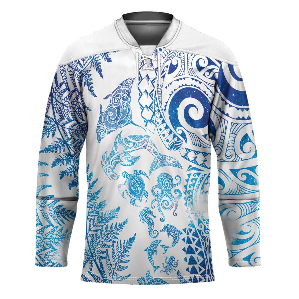 New Zealand Sea Animals Hockey Jersey with Maori Koru Tribal Tattoo and Silver Ferns Galaxy Style LT03 Unisex Multicolor - Polynesian Pride