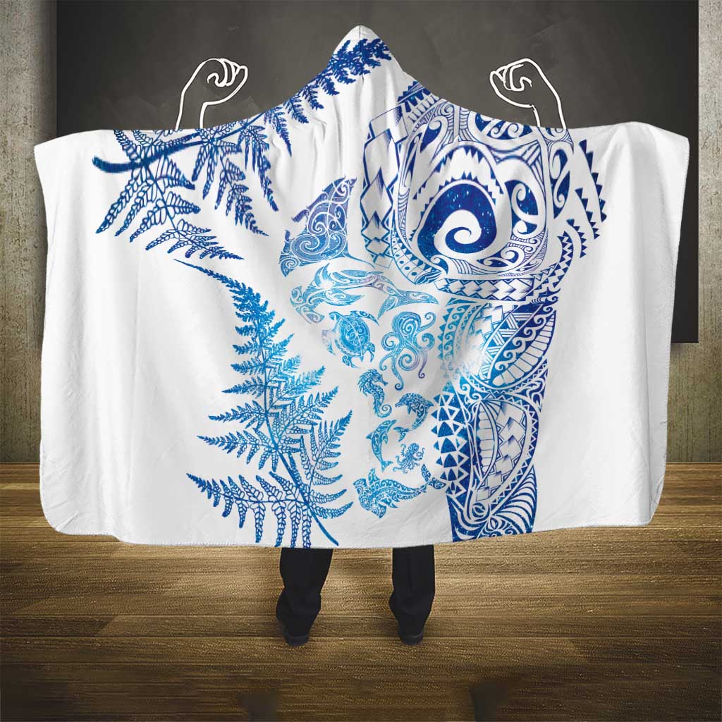 New Zealand Sea Animals Hooded Blanket with Maori Koru Tribal Tattoo and Silver Ferns Galaxy Style