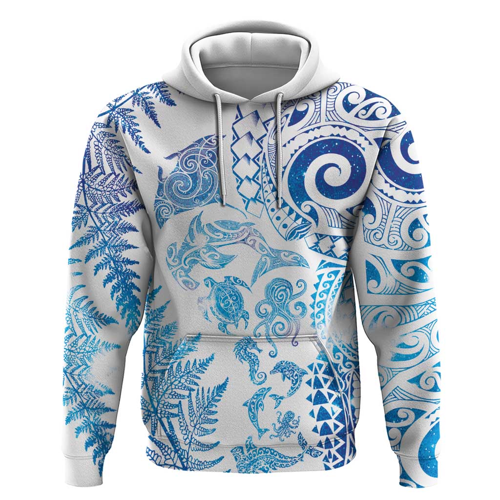 New Zealand Sea Animals Hoodie with Maori Koru Tribal Tattoo and Silver Ferns Galaxy Style LT03 Pullover Hoodie Multicolor - Polynesian Pride