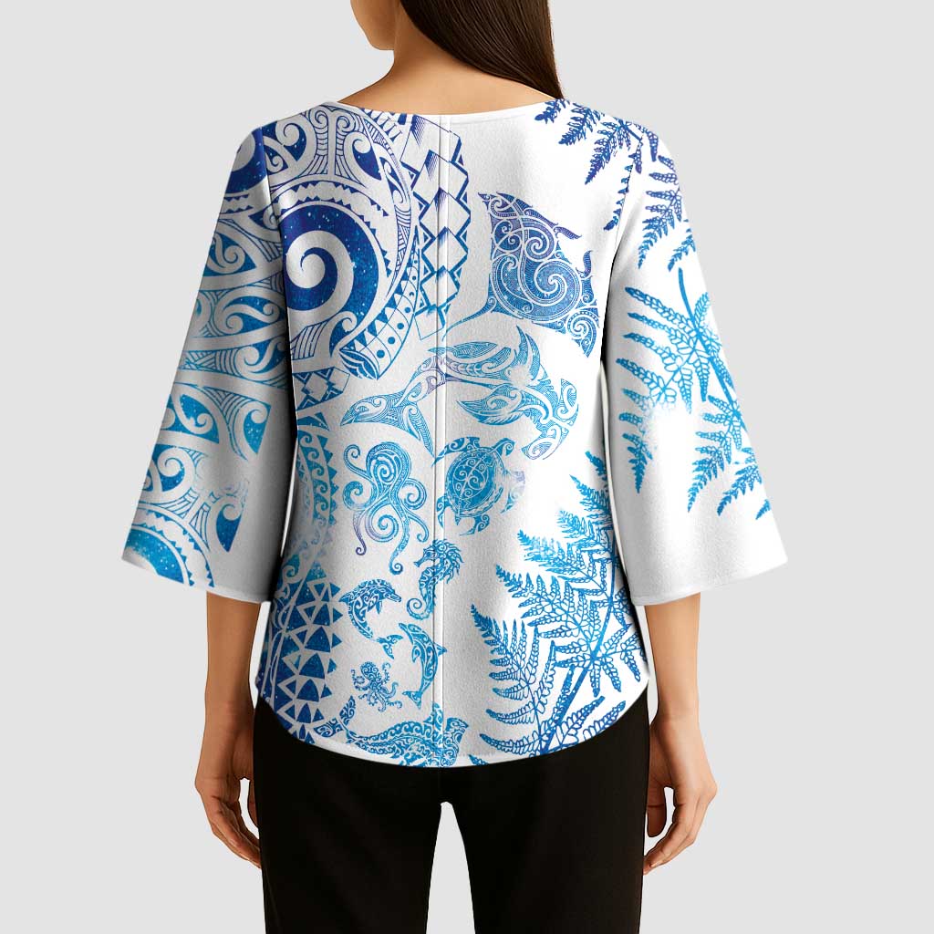 New Zealand Sea Animals Kimono Sleeve Blouse with Maori Koru Tribal Tattoo and Silver Ferns Galaxy Style