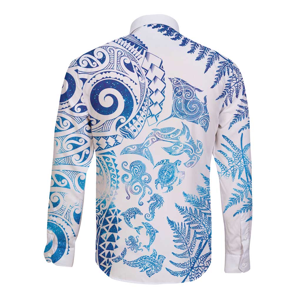New Zealand Sea Animals Long Sleeve Button Shirt with Maori Koru Tribal Tattoo and Silver Ferns Galaxy Style