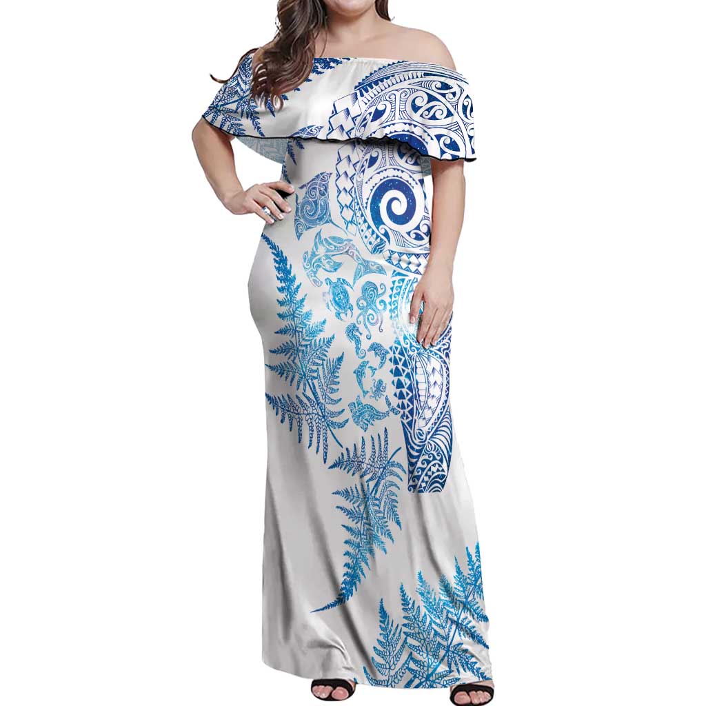 New Zealand Sea Animals Off Shoulder Maxi Dress with Maori Koru Tribal Tattoo and Silver Ferns Galaxy Style LT03 Women Multicolor - Polynesian Pride