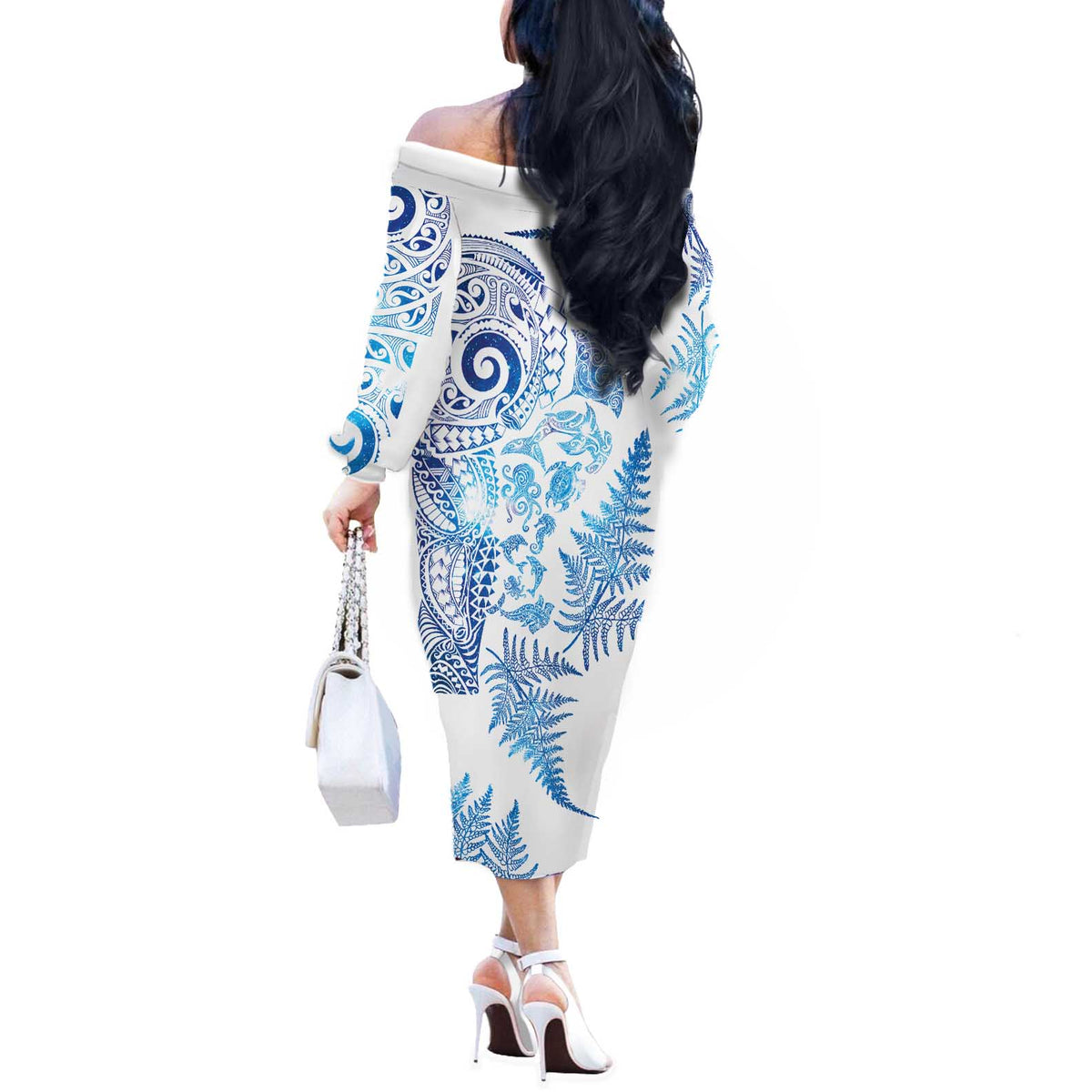 New Zealand Sea Animals Off The Shoulder Long Sleeve Dress with Maori Koru Tribal Tattoo and Silver Ferns Galaxy Style