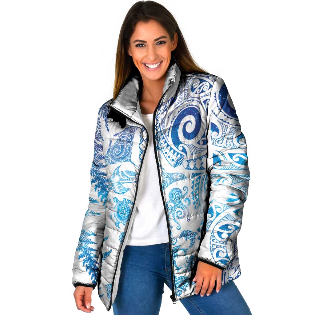 New Zealand Sea Animals Padded Jacket with Maori Koru Tribal Tattoo and Silver Ferns Galaxy Style
