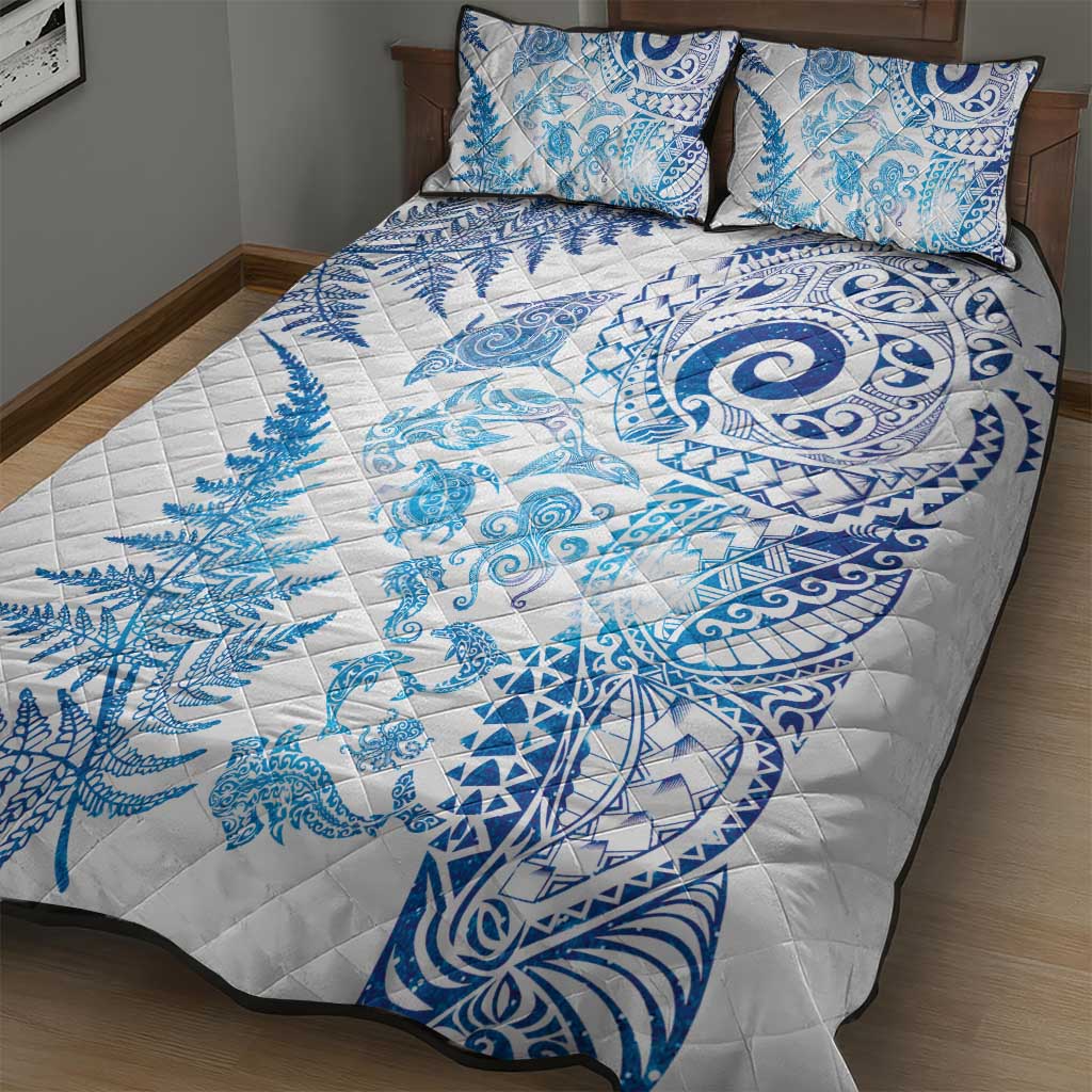 New Zealand Sea Animals Quilt Bed Set with Maori Koru Tribal Tattoo and Silver Ferns Galaxy Style