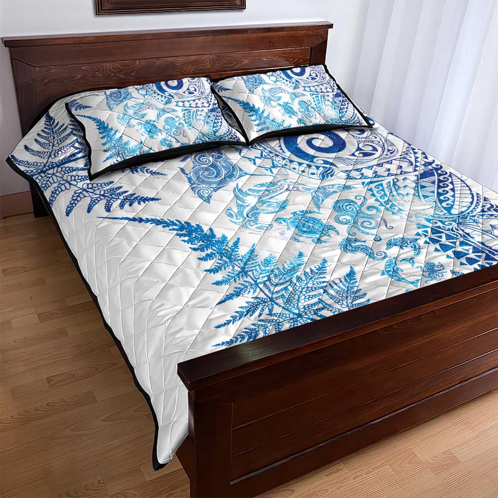 New Zealand Sea Animals Quilt Bed Set with Maori Koru Tribal Tattoo and Silver Ferns Galaxy Style
