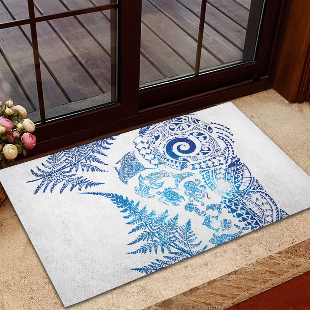 New Zealand Sea Animals Rubber Doormat with Maori Koru Tribal Tattoo and Silver Ferns Galaxy Style
