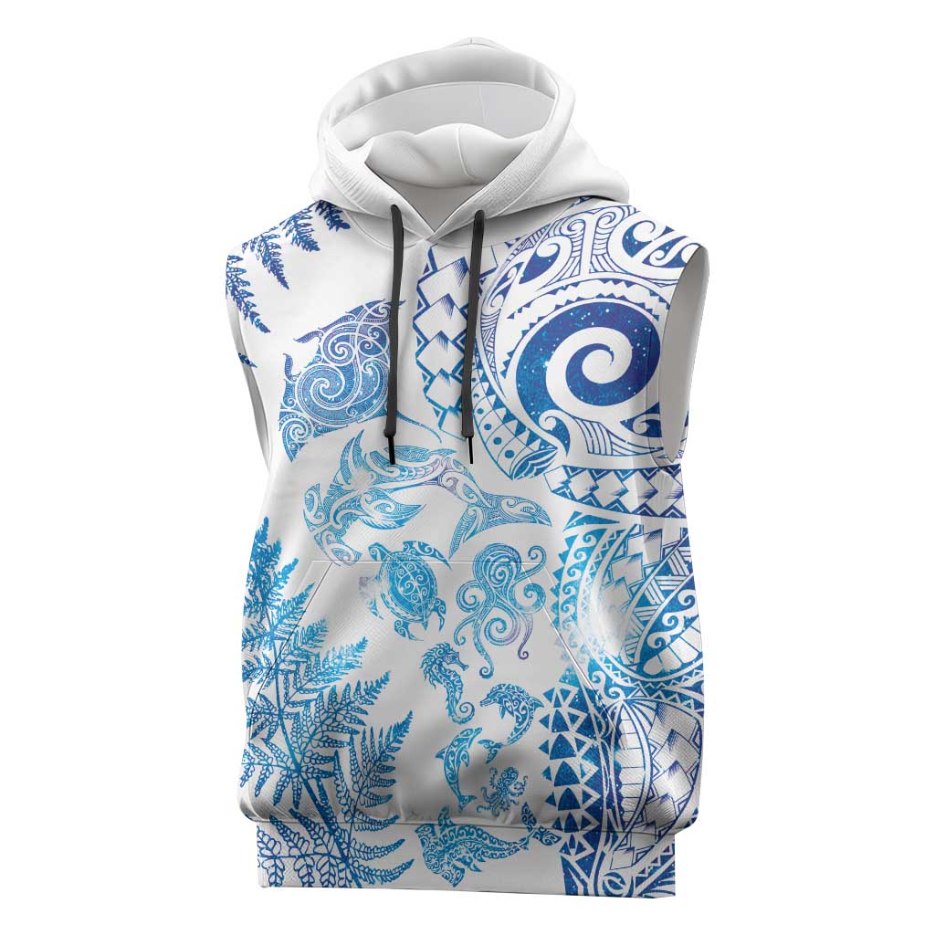 New Zealand Sea Animals Sleeveless Hoodie with Maori Koru Tribal Tattoo and Silver Ferns Galaxy Style LT03 Multicolor - Polynesian Pride