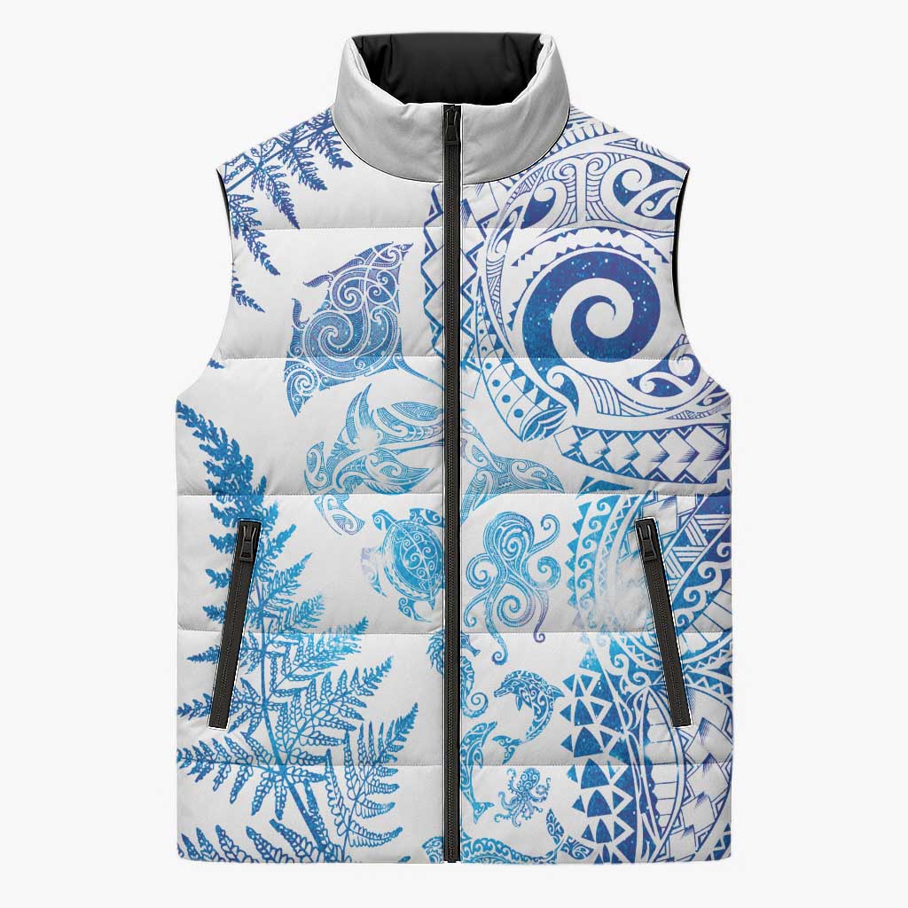 New Zealand Sea Animals Sleeveless Puffer Jacket with Maori Koru Tribal Tattoo and Silver Ferns Galaxy Style