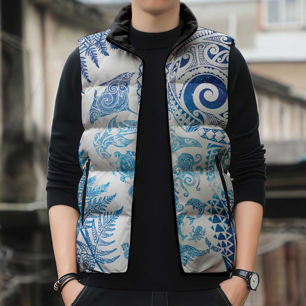 New Zealand Sea Animals Sleeveless Puffer Jacket with Maori Koru Tribal Tattoo and Silver Ferns Galaxy Style