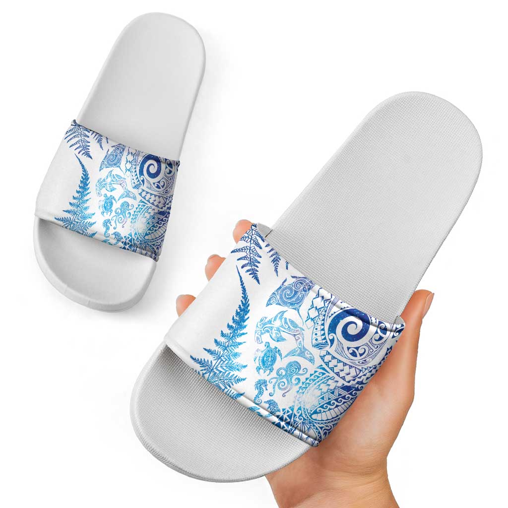 New Zealand Sea Animals Slide Sandals with Maori Koru Tribal Tattoo and Silver Ferns Galaxy Style