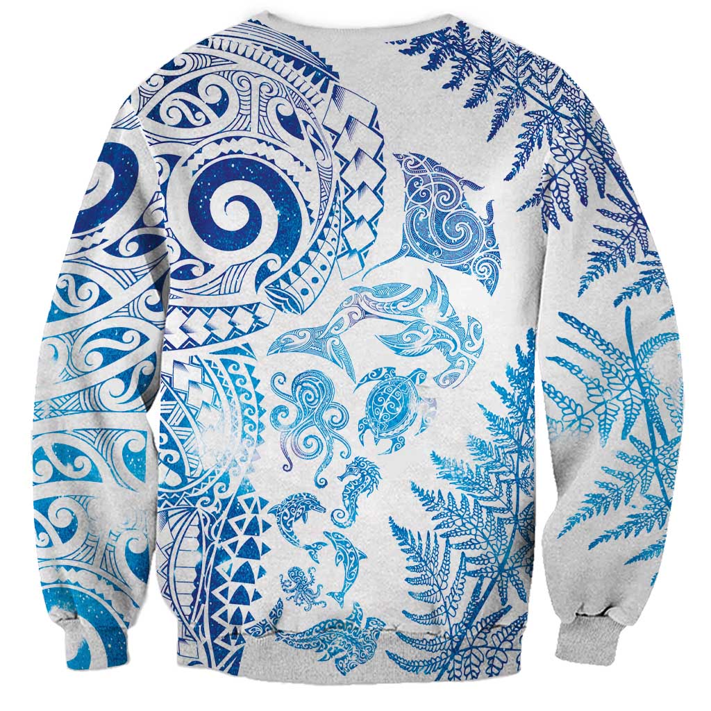 New Zealand Sea Animals Sweatshirt with Maori Koru Tribal Tattoo and Silver Ferns Galaxy Style