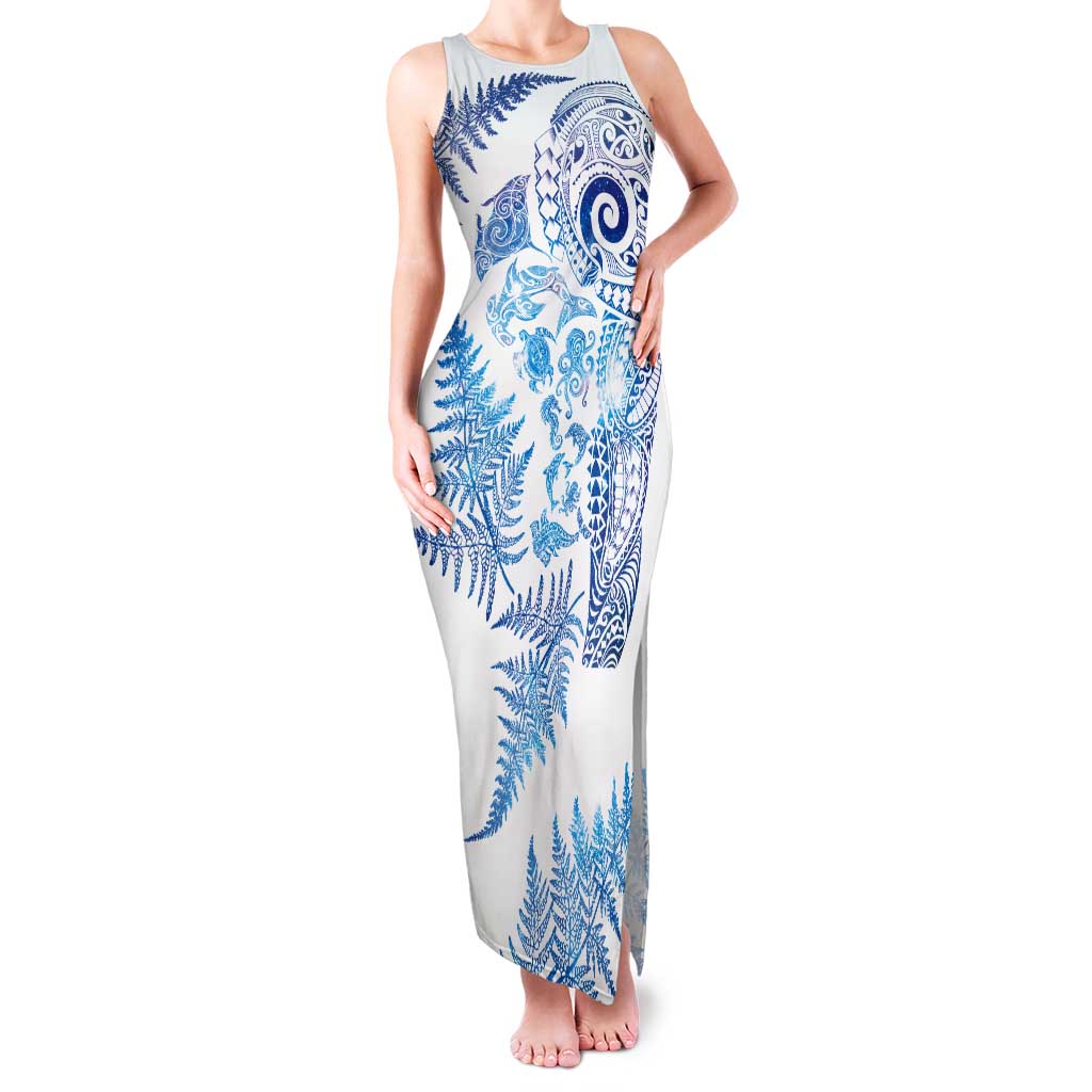 New Zealand Sea Animals Tank Maxi Dress with Maori Koru Tribal Tattoo and Silver Ferns Galaxy Style LT03 Women Multicolor - Polynesian Pride