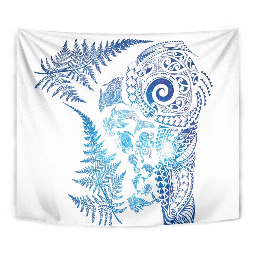 New Zealand Sea Animals Tapestry with Maori Koru Tribal Tattoo and Silver Ferns Galaxy Style