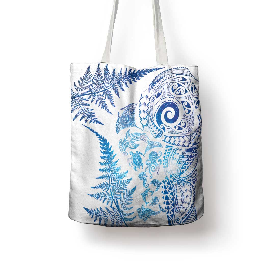 New Zealand Sea Animals Tote Bag with Maori Koru Tribal Tattoo and Silver Ferns Galaxy Style