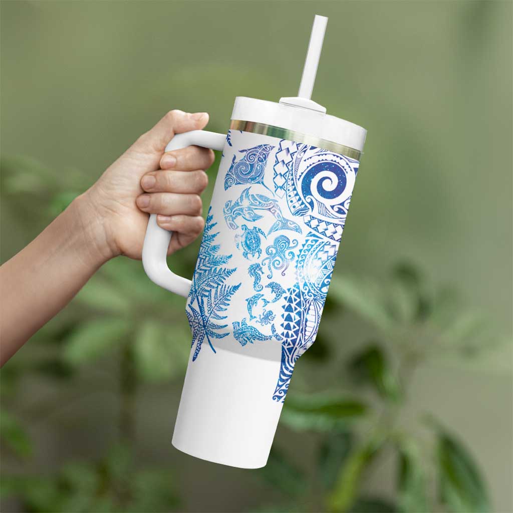 New Zealand Sea Animals Tumbler With Handle with Maori Koru Tribal Tattoo and Silver Ferns Galaxy Style