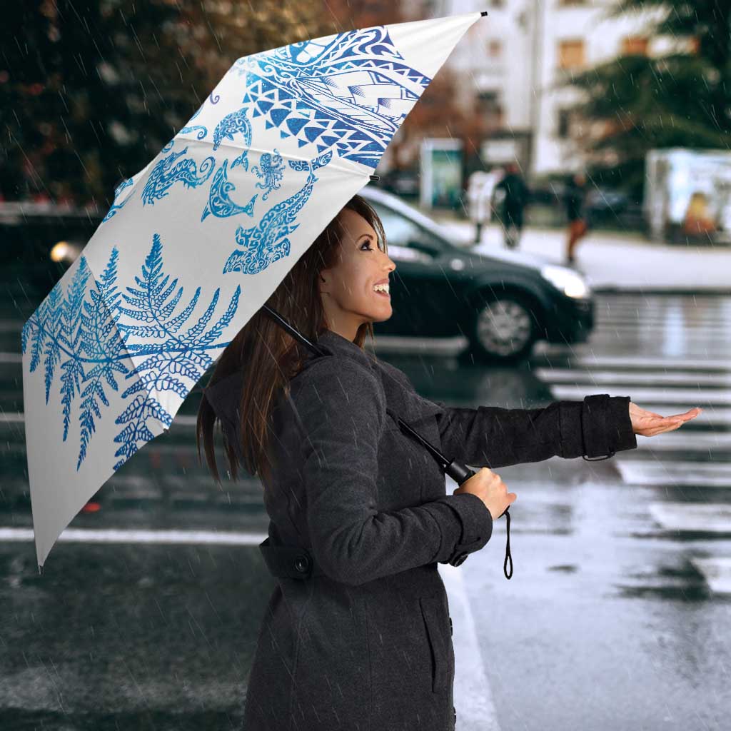 New Zealand Sea Animals Umbrella with Maori Koru Tribal Tattoo and Silver Ferns Galaxy Style