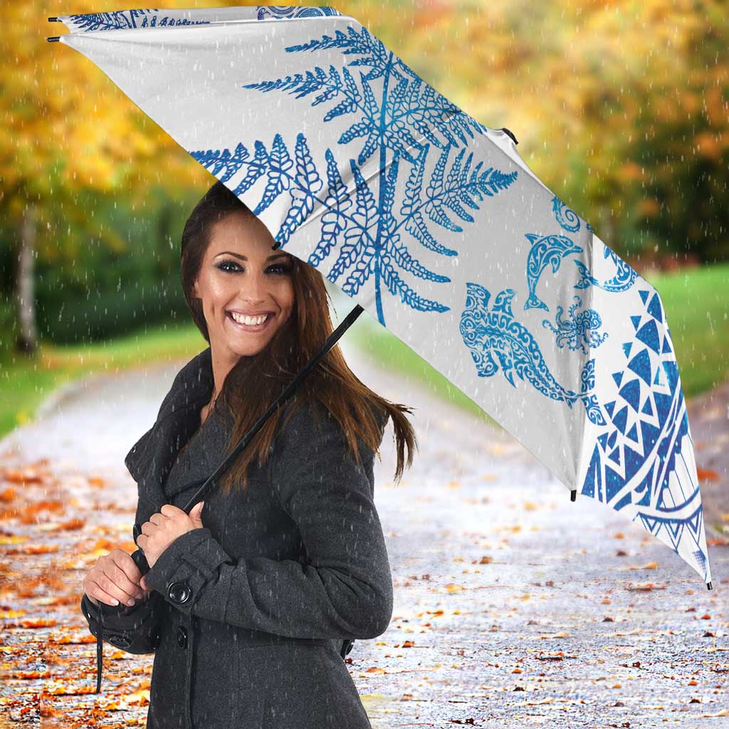 New Zealand Sea Animals Umbrella with Maori Koru Tribal Tattoo and Silver Ferns Galaxy Style