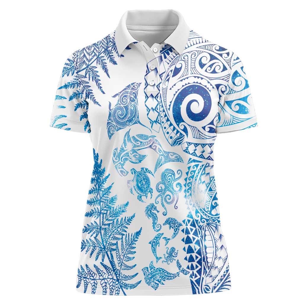 New Zealand Sea Animals Women Polo Shirt with Maori Koru Tribal Tattoo and Silver Ferns Galaxy Style LT03 Female Multicolor - Polynesian Pride