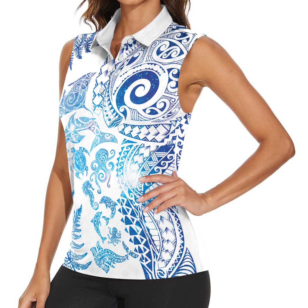 New Zealand Sea Animals Women Sleeveless Polo Shirt with Maori Koru Tribal Tattoo and Silver Ferns Galaxy Style