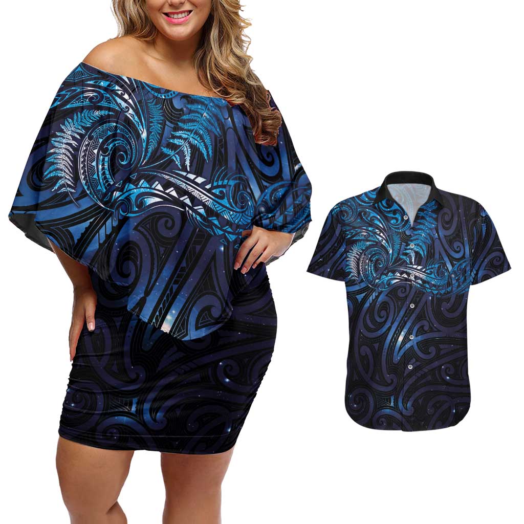 New Zealand New Year-Matariki Couples Matching Off Shoulder Short Dress and Hawaiian Shirt Aotearoa Maori Tattoo Galaxy Sky