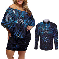 New Zealand New Year-Matariki Couples Matching Off Shoulder Short Dress and Long Sleeve Button Shirt Aotearoa Maori Tattoo Galaxy Sky
