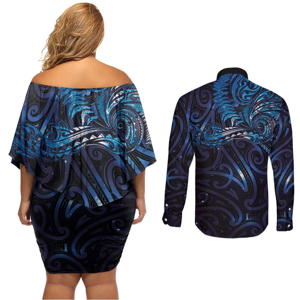 New Zealand New Year-Matariki Couples Matching Off Shoulder Short Dress and Long Sleeve Button Shirt Aotearoa Maori Tattoo Galaxy Sky