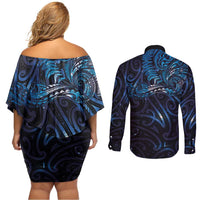 New Zealand New Year-Matariki Couples Matching Off Shoulder Short Dress and Long Sleeve Button Shirt Aotearoa Maori Tattoo Galaxy Sky