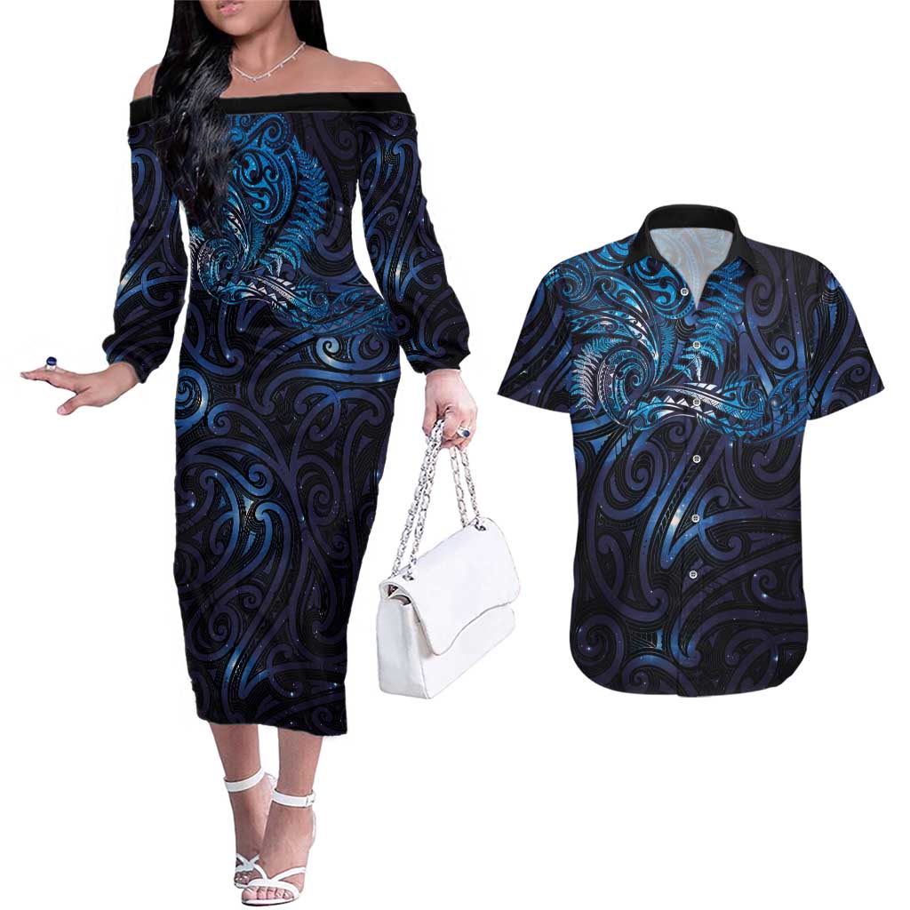 New Zealand New Year-Matariki Couples Matching Off The Shoulder Long Sleeve Dress and Hawaiian Shirt Aotearoa Maori Tattoo Galaxy Sky LT03 Multicolor - Polynesian Pride
