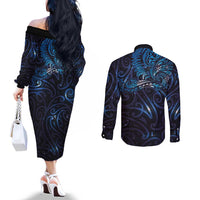 New Zealand New Year-Matariki Couples Matching Off The Shoulder Long Sleeve Dress and Long Sleeve Button Shirt Aotearoa Maori Tattoo Galaxy Sky LT03 - Polynesian Pride