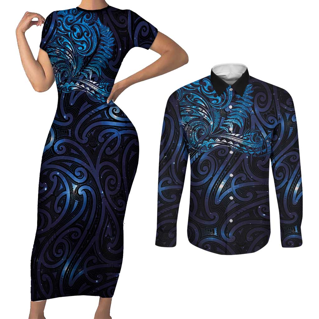 New Zealand New Year-Matariki Couples Matching Short Sleeve Bodycon Dress and Long Sleeve Button Shirt Aotearoa Maori Tattoo Galaxy Sky