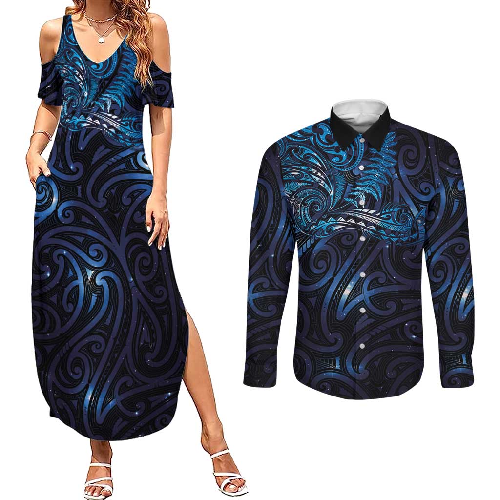 New Zealand New Year-Matariki Couples Matching Summer Maxi Dress and Long Sleeve Button Shirt Aotearoa Maori Tattoo Galaxy Sky LT03 Multicolor - Polynesian Pride