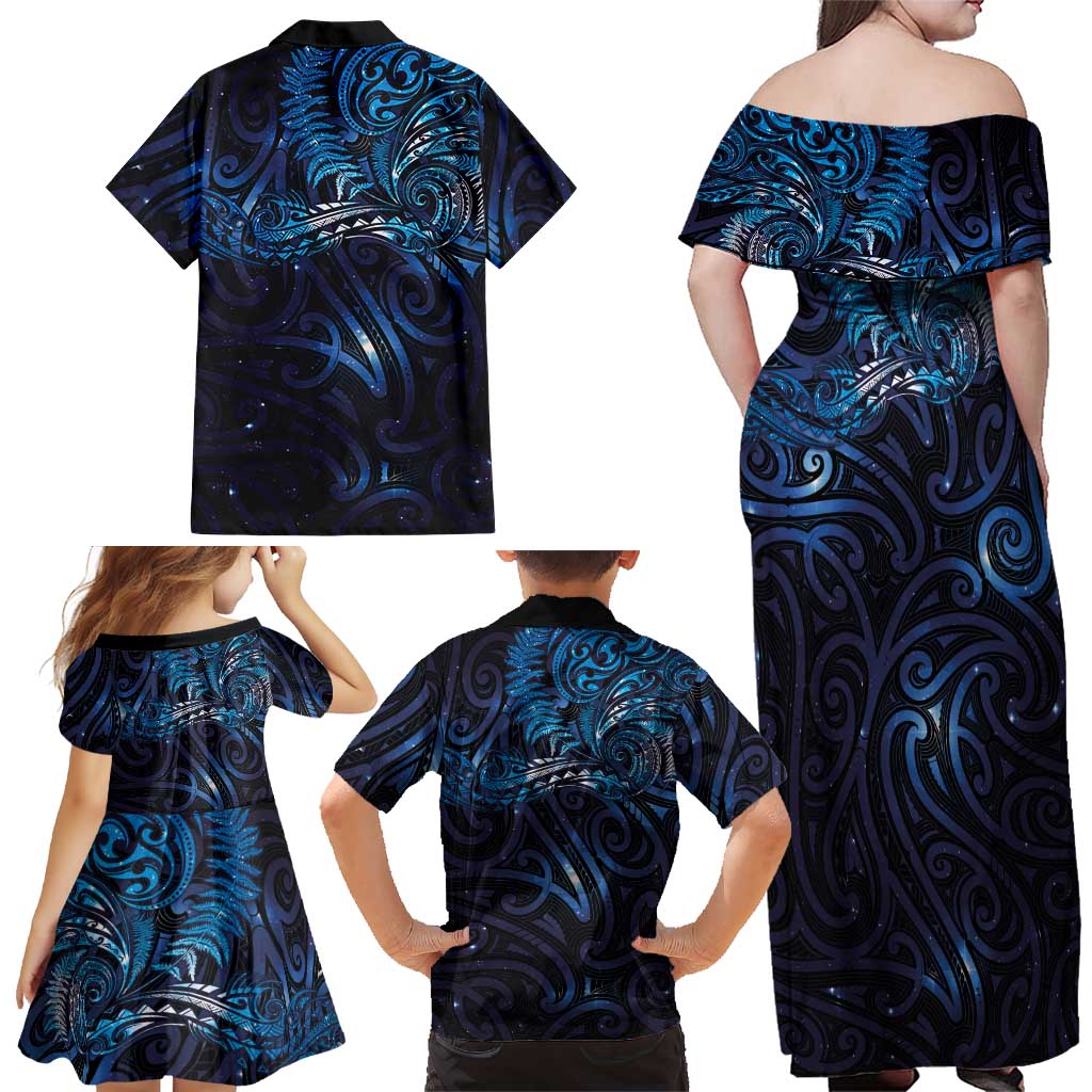 New Zealand New Year-Matariki Family Matching Off Shoulder Maxi Dress and Hawaiian Shirt Aotearoa Maori Tattoo Galaxy Sky